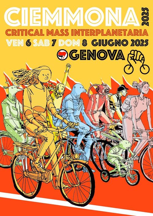 Ciemmona Critical Mass Interplanetaria 2025 Un sacco di personaggi in bici, umani e non. Son tutti di colori diversi e felici