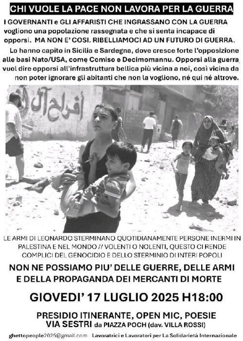 CHI VUOLE LA PACE NON LAVORA PER LA GUERRA

Volantino con il testo riportato in descrizione, interamente in nero su fondo bianco.
Al centro una foto orizzontale di alcune persone in fuga da un bombardamento, in primo piano un ragazzo tiene in braccio un bambino dall'espressione sofferente, dietro di loro una madre con una bambina per mano  e un bimbo piccolo in braccio, su un muro bianco alle loro spalle campeggia una grande scritta in arabo

أُفر لح آل