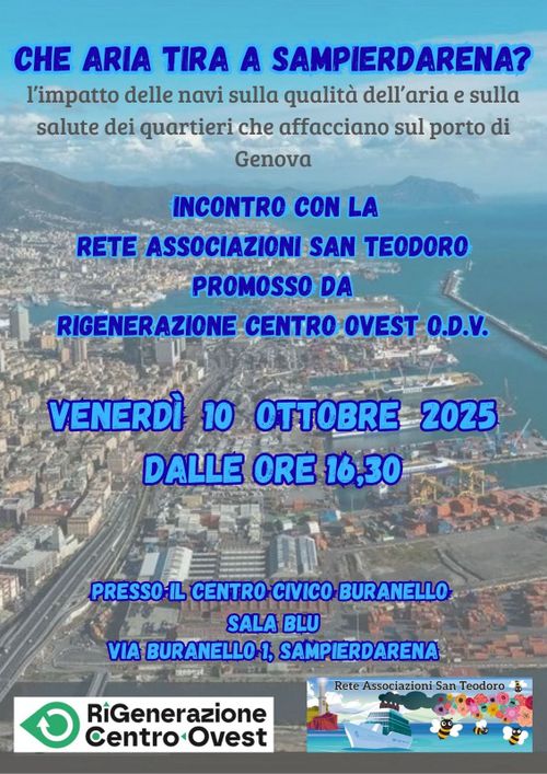 Locandina dell'evento, informazioni come in descrizione. Testo blu stampatello, sullo sfondo una foto del porto di Genova Sampierdarena visto dal cielo